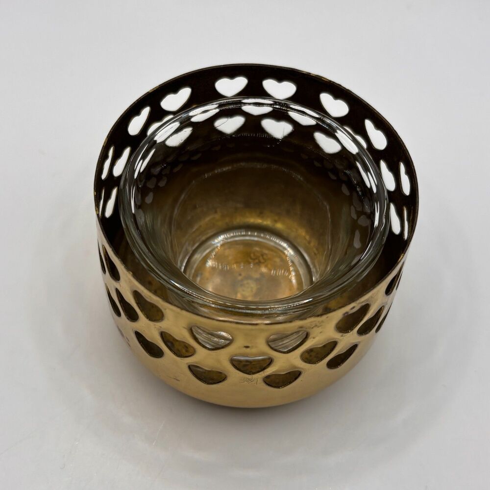 Vintage PartyLite Brass Votive Tealight Holder Heart Cut Outs With Glass Holder - Picture 2 of 6